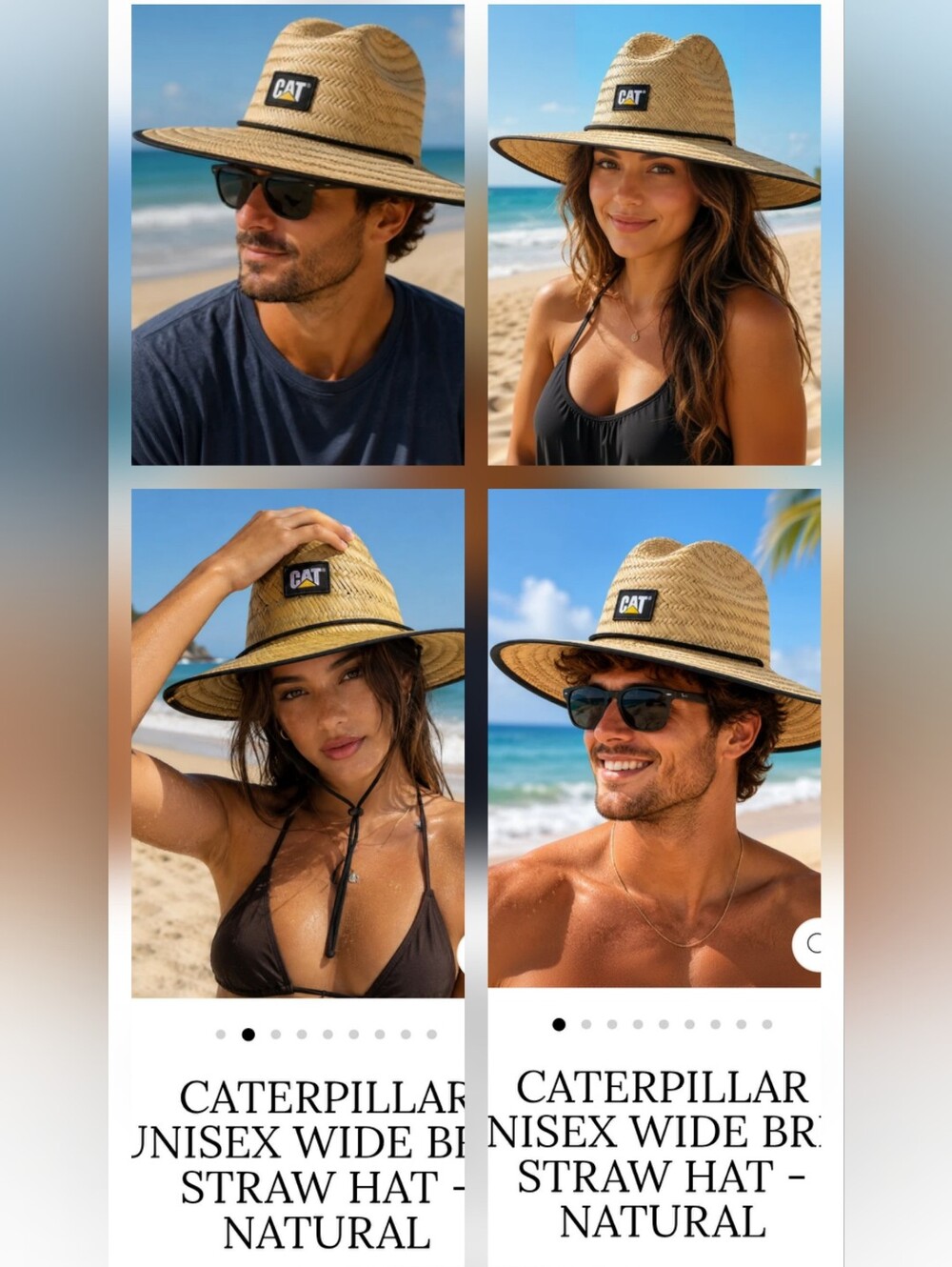 Two Caterpillar Unisex Wide Brim Straw Sun Hat with Black American FlagTrim NWT